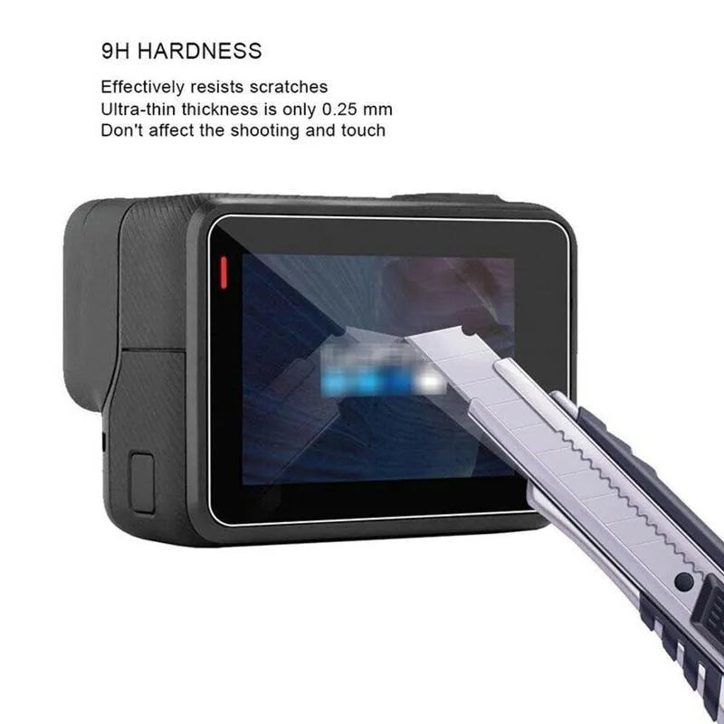 GoPro Hero camera with transparent 9H tempered glass screen protector and lens protector film applied.