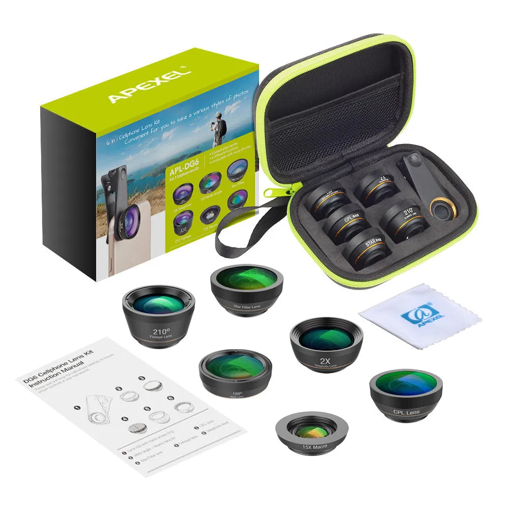Black 6-in-1 universal smartphone camera lens kit with fisheye, macro, wide-angle, telephoto, filters, clip, and case.