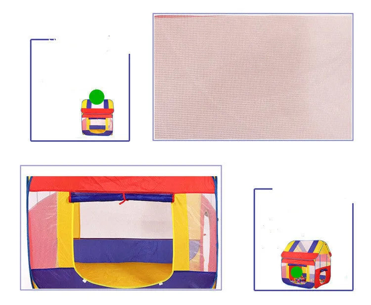 Large blue outdoor children's play tent in a garden with roll-up curtain.