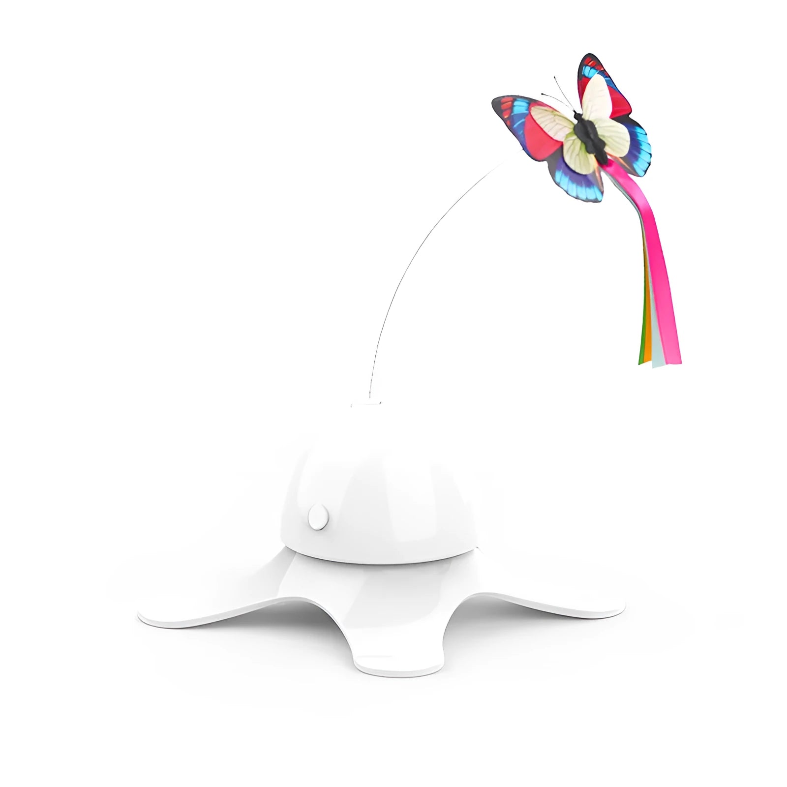 Automatic cat toy with rotating butterfly on stable octopus base, blue colour, glowing in dark