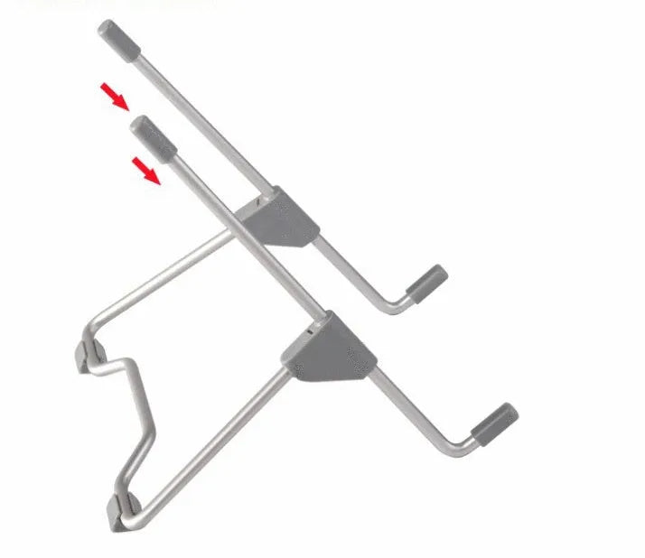 Grey adjustable angle aluminium alloy and plastic stand holding a mobile phone and a laptop on a desk.