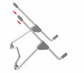 Grey adjustable angle aluminium alloy and plastic stand holding a mobile phone and a laptop on a desk.