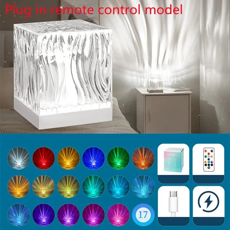 LED water ripple night light with rotating crystal projection and remote control on wooden surface
