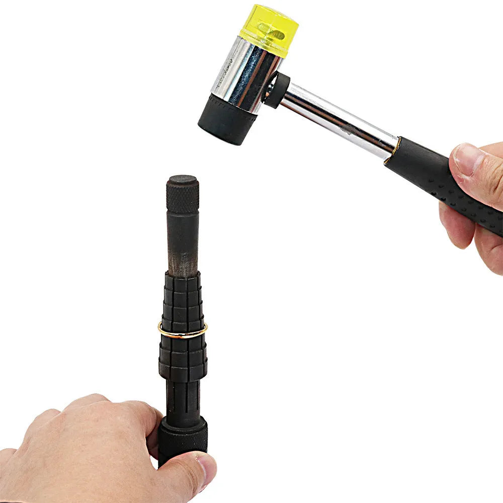 Black and silver ring expansion tool with base expander and rubber hammer for jewellery repair