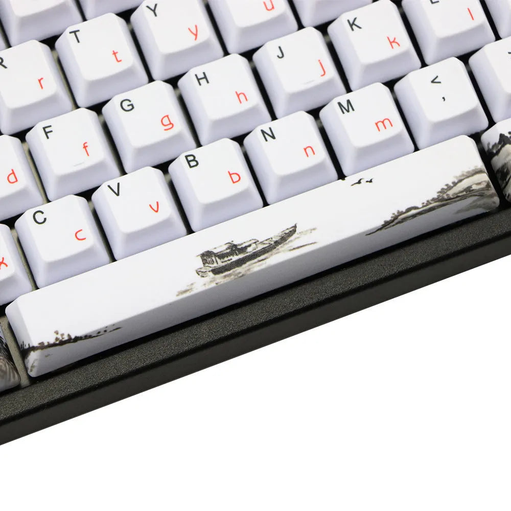 PBT Wangjiang plum blossom themed keycap set for mechanical keyboards, showing Korean and Japanese legend options.