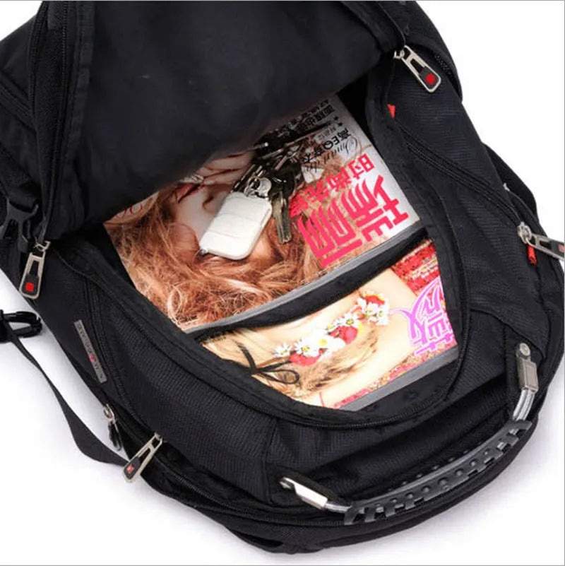 Black 38-litre business laptop backpack with multiple compartments open, showing organiser pockets.