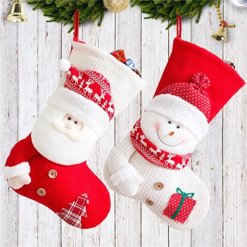 Large red white knitted Christmas stocking with Santa Claus design for fireplace decoration