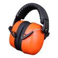 Orange noise-reducing headphones and protective earmuffs with an adjustable elastic headband on a grey background.