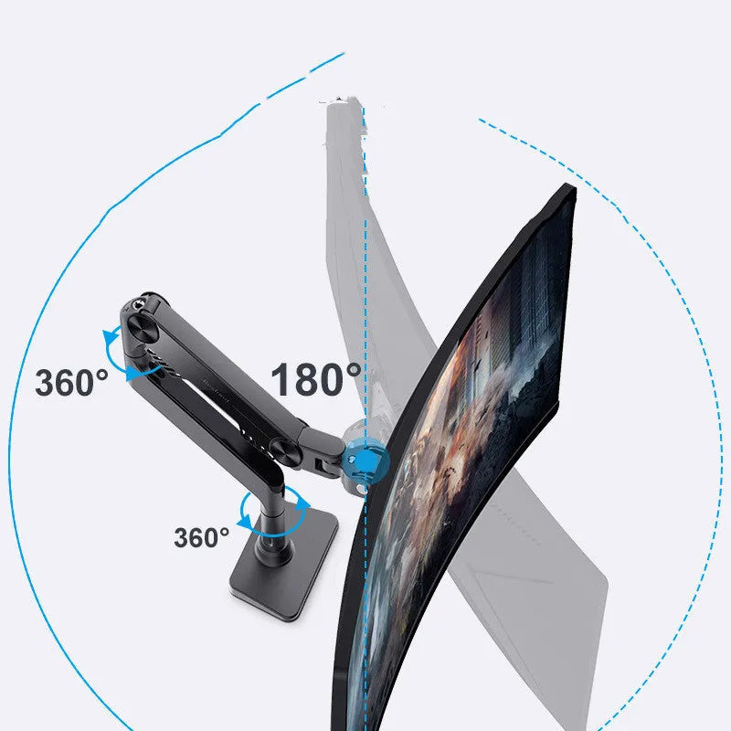 Black gas spring monitor stand on desk with curved screen support, 7K aluminium alloy build