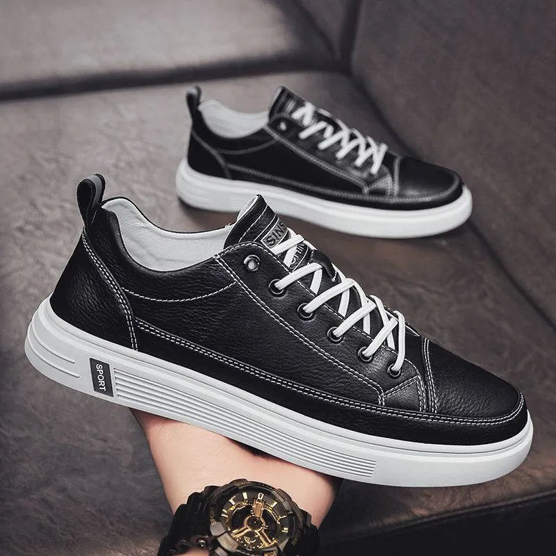 Men's white casual shoes with PU leather upper and flat low-heel sole