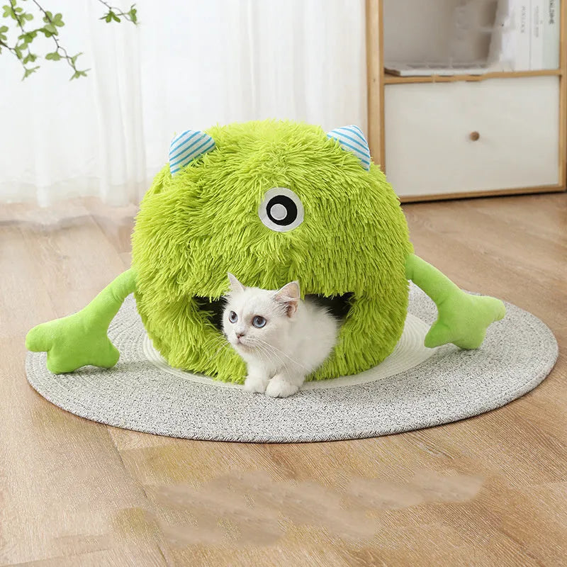 Fluffy round plush cat bed with a non-slip base in three sizes: small, medium, and large.