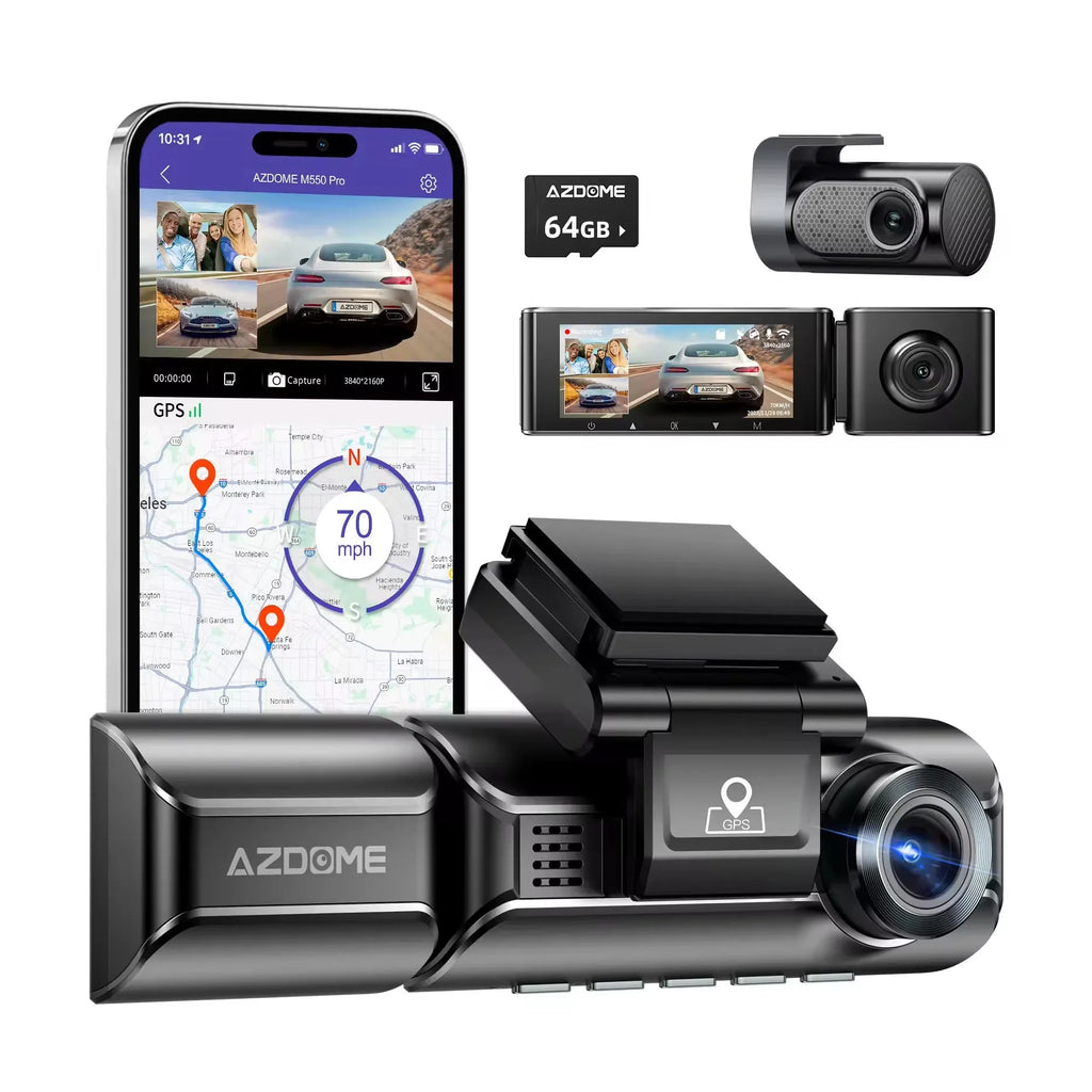 M550PRO driving recorder dash cam with 3 inch screen, front and rear lenses, and car charger on dashboard.