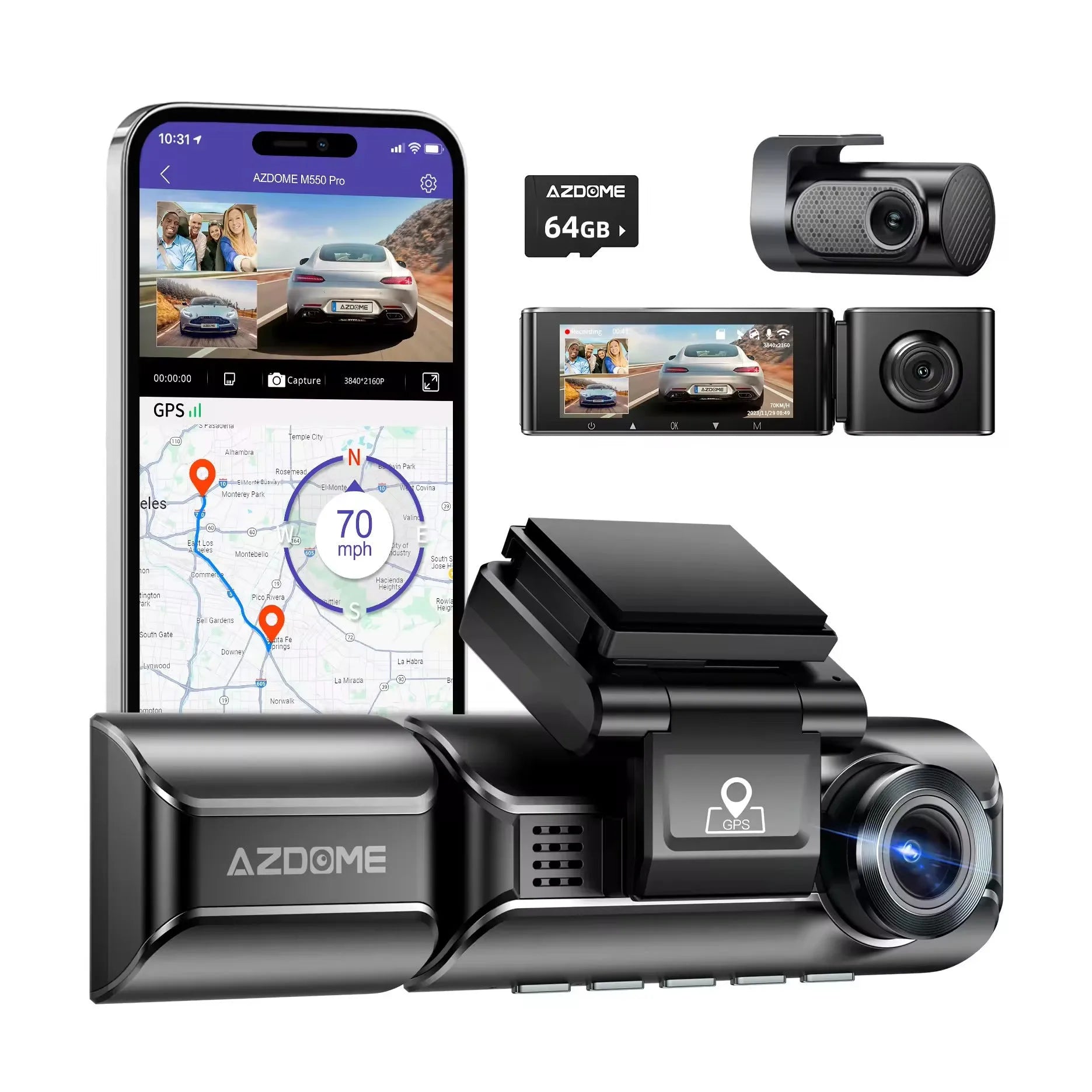 M550PRO driving recorder dash cam with 3 inch screen, front and rear lenses, and car charger on dashboard.