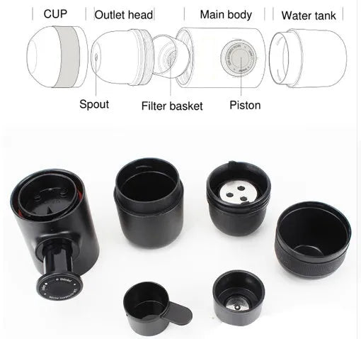 Compact black portable manual coffee machine for espresso, shown with dimensions 6cm by 17.5cm