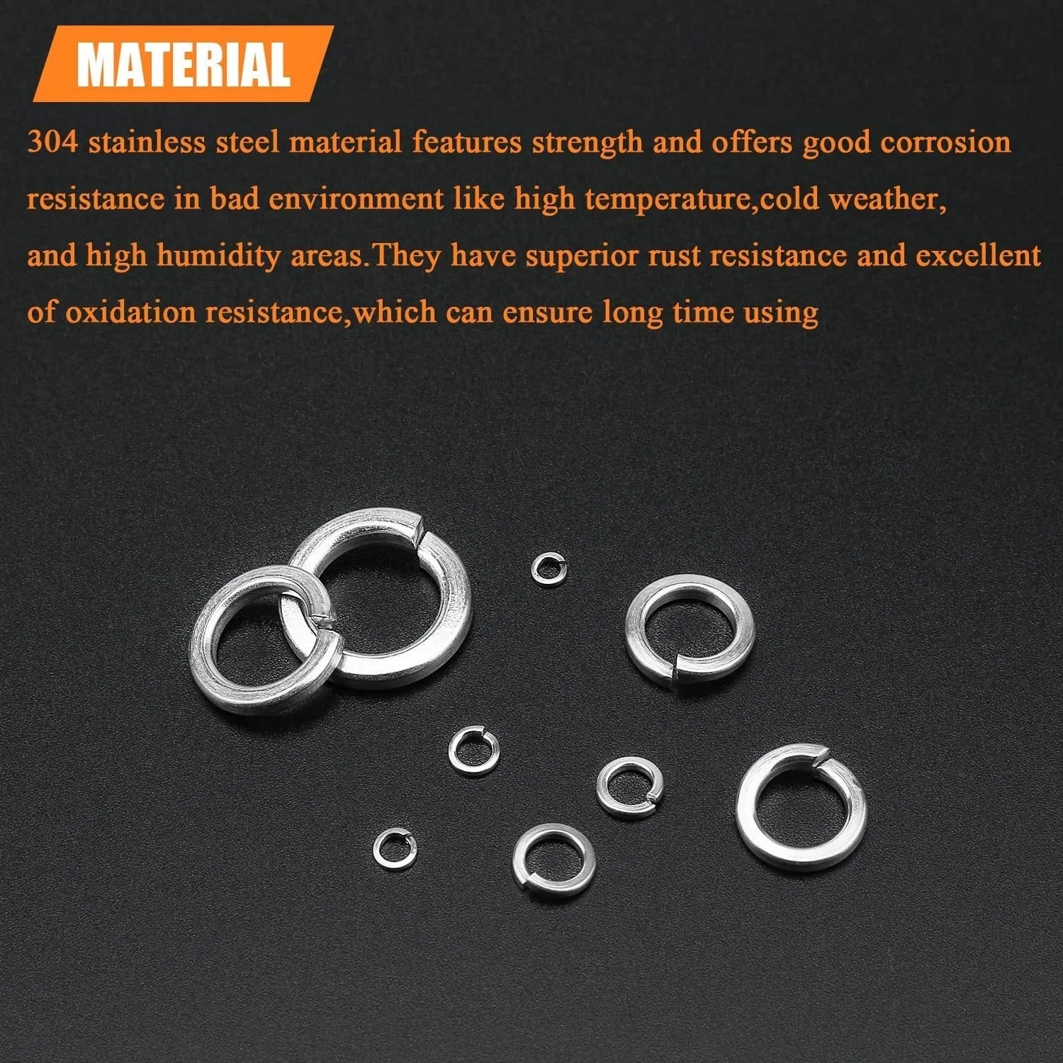 304 stainless steel spring washer assortment kit with 900 pieces in a box, sizes 2mm to 12mm