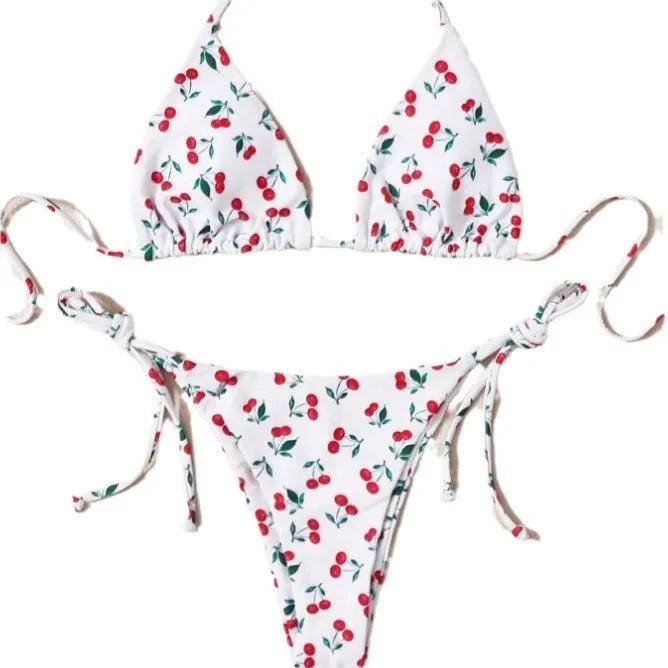 Women's holiday split halter bikini swimsuit in Picture Colour with backless design