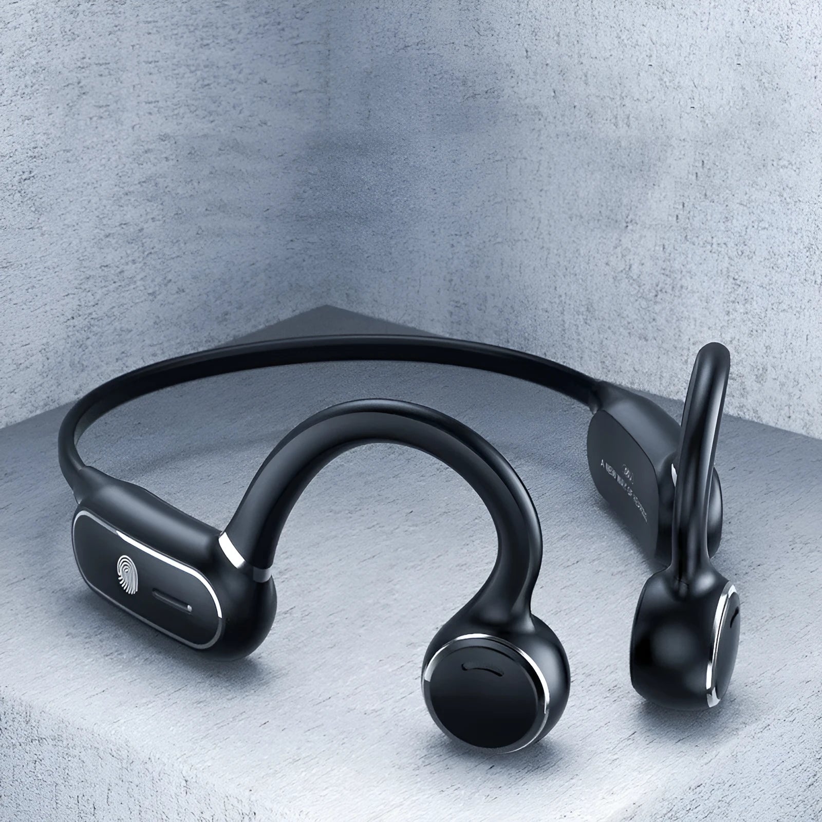 Black open-ear air conduction Bluetooth wireless headphone with a bendable titanium frame