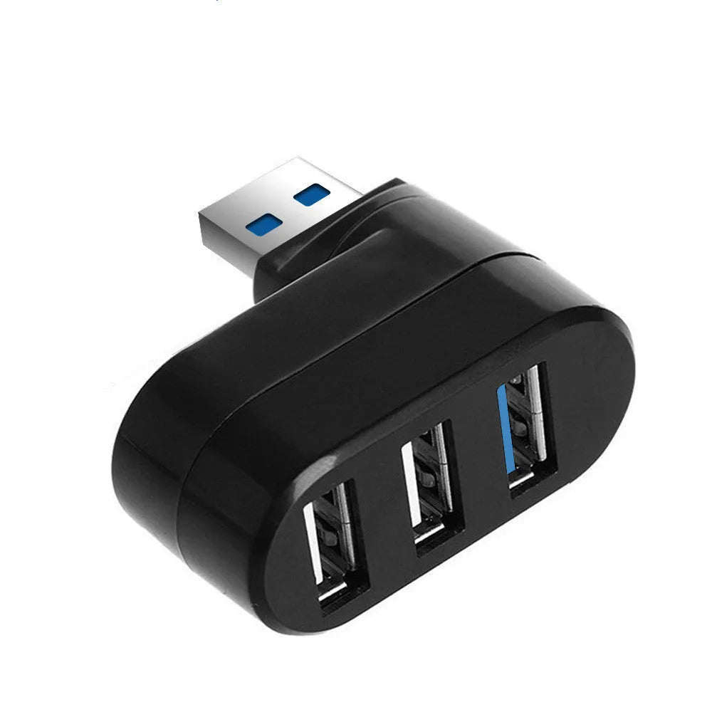 Black 4-port USB 3.0 rotating hub on a white background showing its compact size.