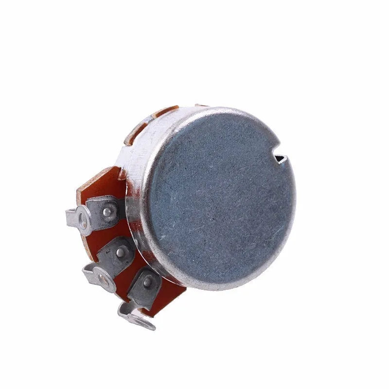 A single metal potentiometer knob for electric guitar volume and tone control.
