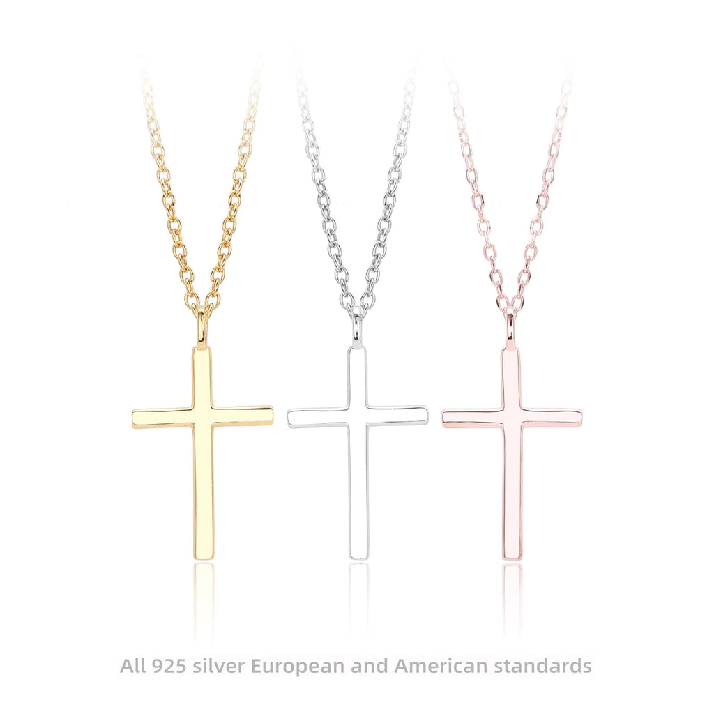 Simple glossy cross pendant on an adjustable O-shaped sterling silver chain.