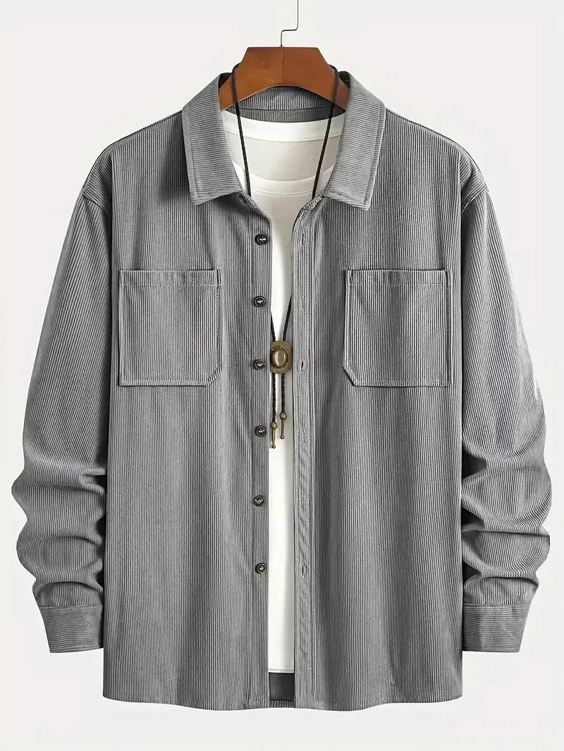 Men's corduroy button jacket in solid colour – army green, front view, with button closure and classic collar