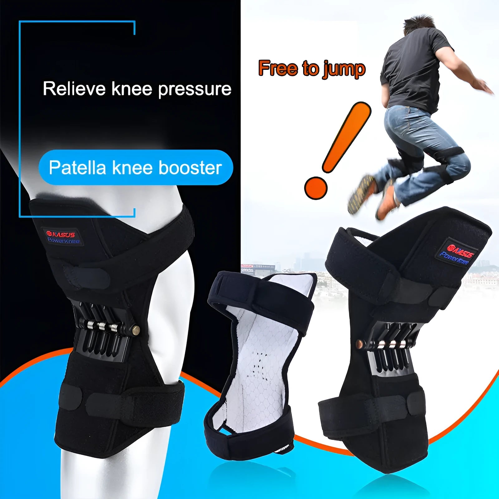 Black spring knee brace with adjustable straps, shown on a knee, for mountaineering and sports support.
