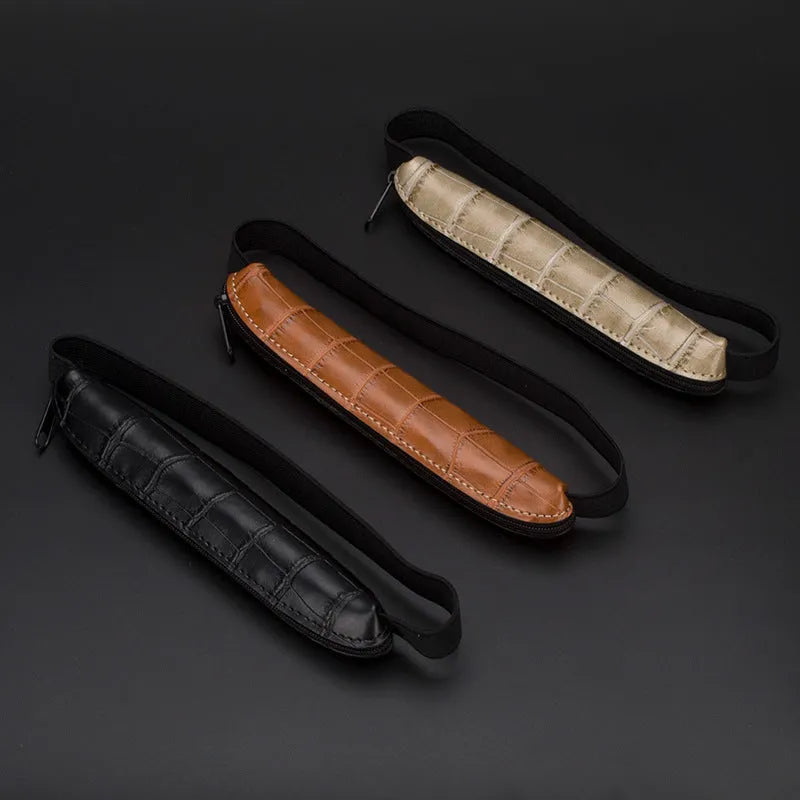 Slim long PU leather pencil case in black crocodile pattern, measuring 16.5 cm