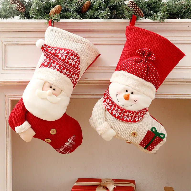 Large red white knitted Christmas stocking with Santa Claus design for fireplace decoration