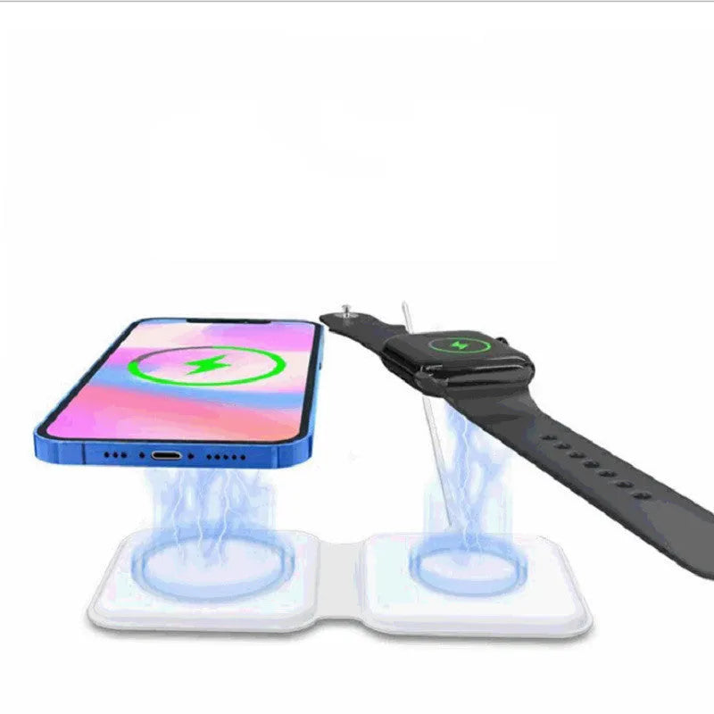White foldable 2-in-1 magnetic wireless charger for phone and watch, showing 180° hinge.