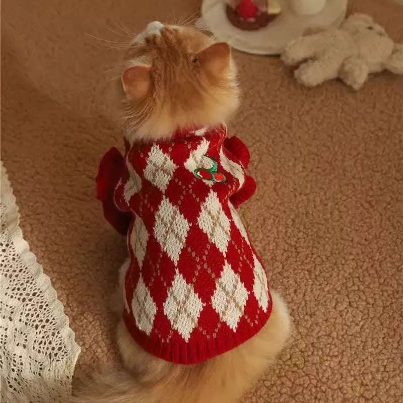 Red cat sweater with diamond embroidery cherry pattern shown in various sizes