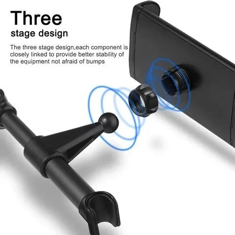 Black universal car phone and tablet holder mounted on a rear seat base.
