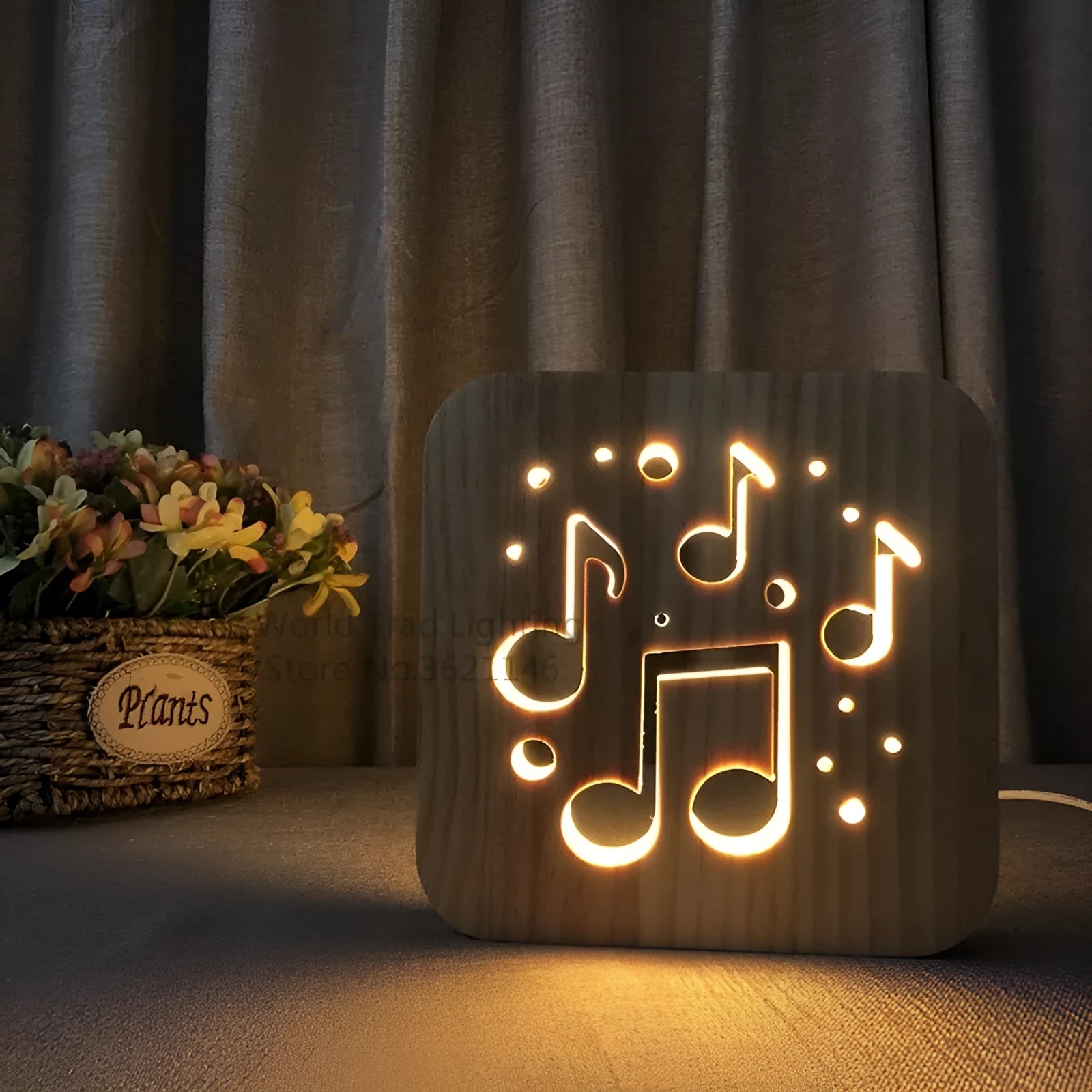 A cubic wooden LED atmosphere lamp with warm white light, shown with a USB cable.