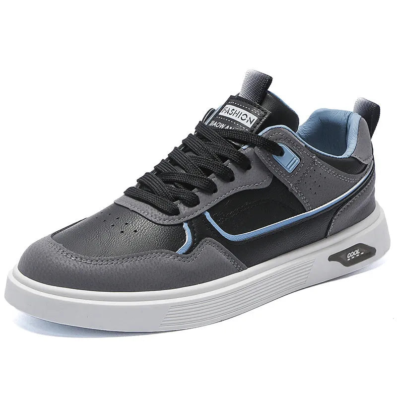 Men's Korean-style canvas board shoes in black with leather stitching details and mesh lining