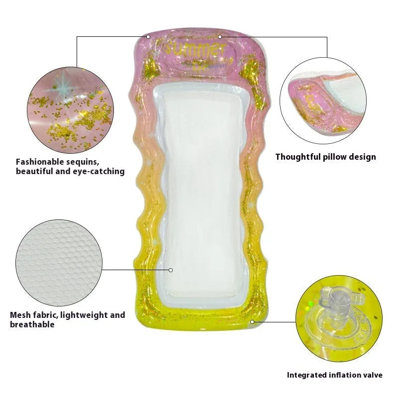 PVC inflatable floating row in multiple colourful designs including sequined patterns and canopy options