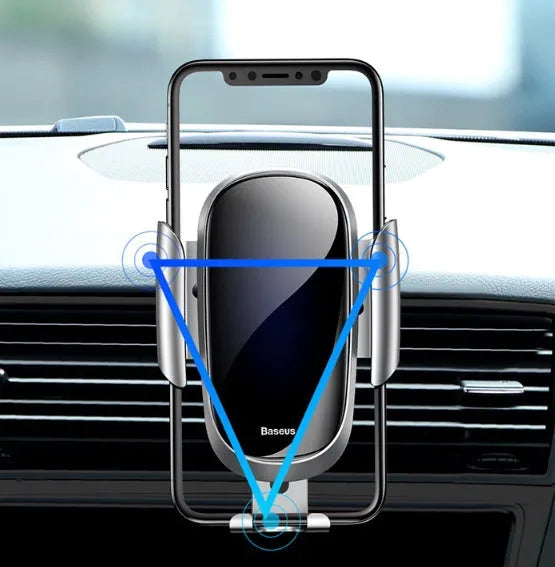 Universal smart car bracket phone mount with adjustable clamp showing dashboard and windscreen mounting options