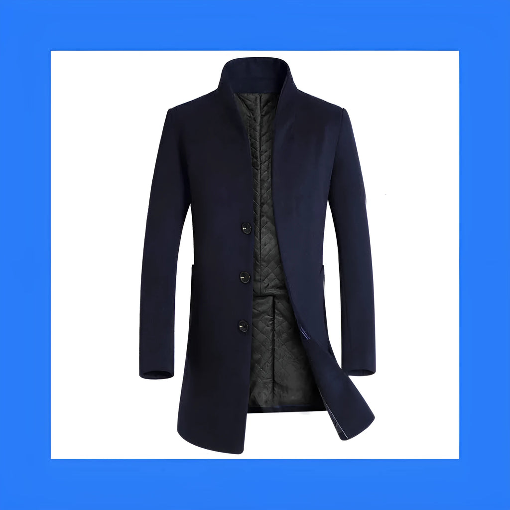 Men's mid-length slim fit hooded cotton blend trench coat in 825 navy blue with lapel collar and multi-pockets