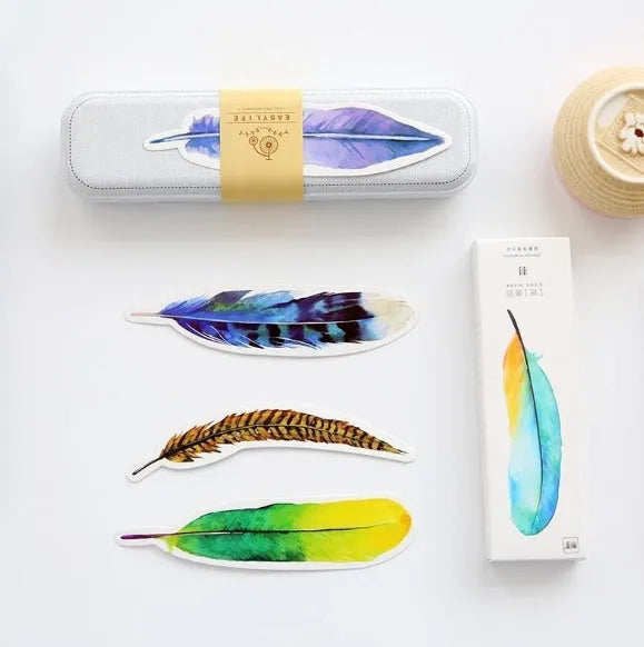 Creative paper feather bookmark 30 piece set, 4.5 x 15.5cm, multi colour, on a white background.