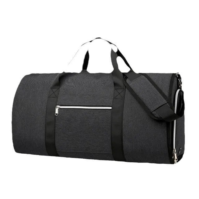 Oxford cloth multipurpose sports bag in grey, showing dry wet separation compartments and expansion feature.