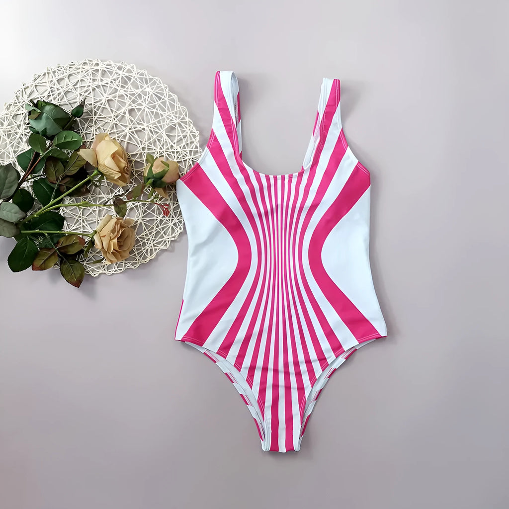 Pink striped one-piece swimsuit for women with digital print on front and back.