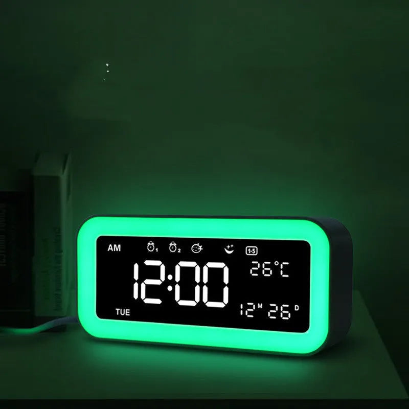 Rectangular blue multifunctional LED alarm clock with digital display and multicoloured atmosphere lighting