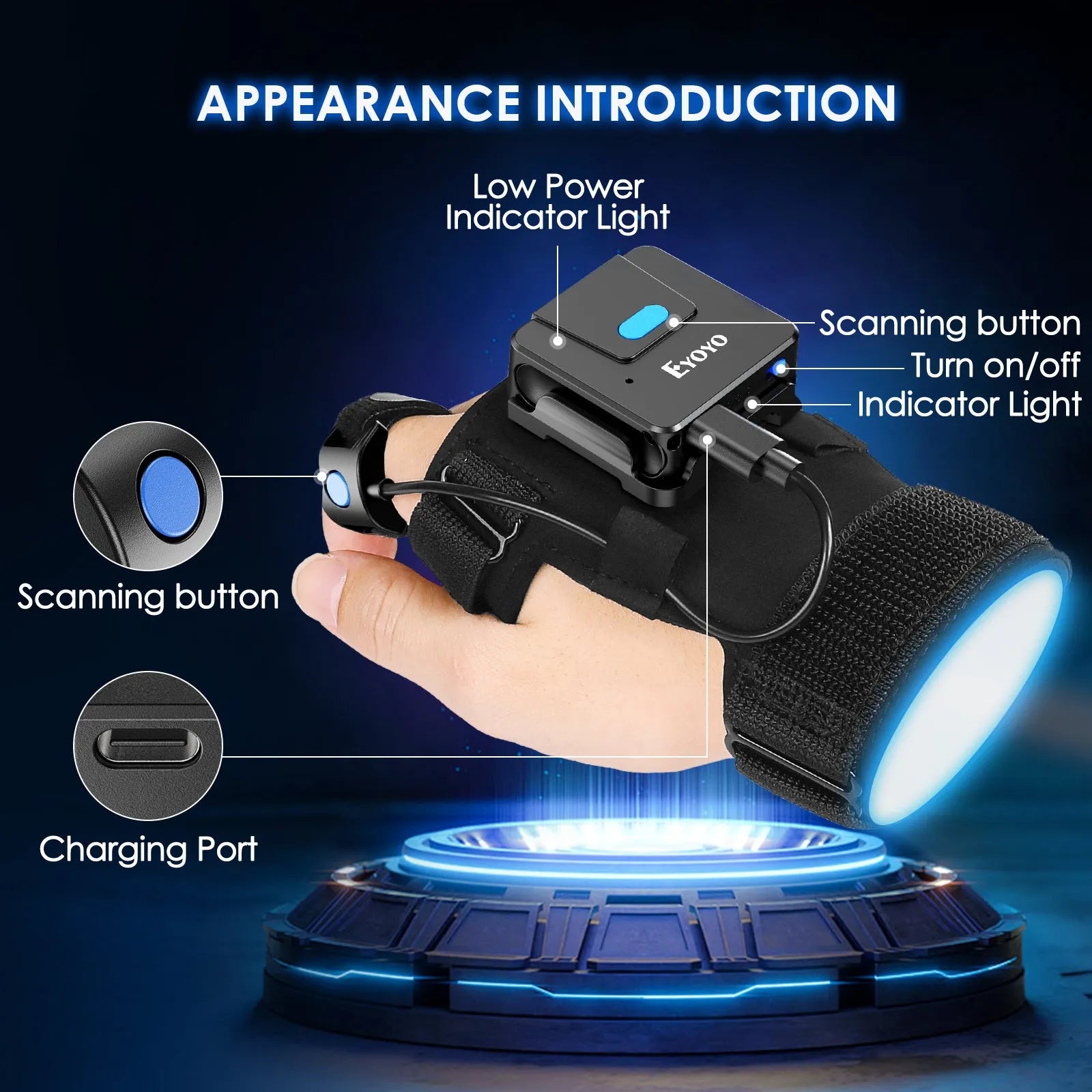 Wearable barcode scanner gloves with wrist-mounted design and Bluetooth wireless connectivity