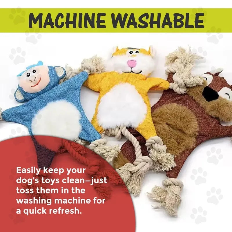 Plush squeaky dog toy set with fox, squirrel, monkey, and other animal shapes on a light background