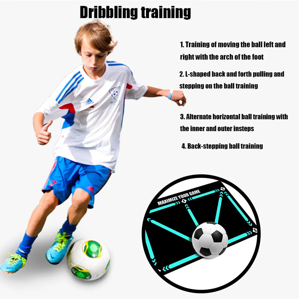 Black football training mat with non-slip rubber base measuring 60cm by 90cm