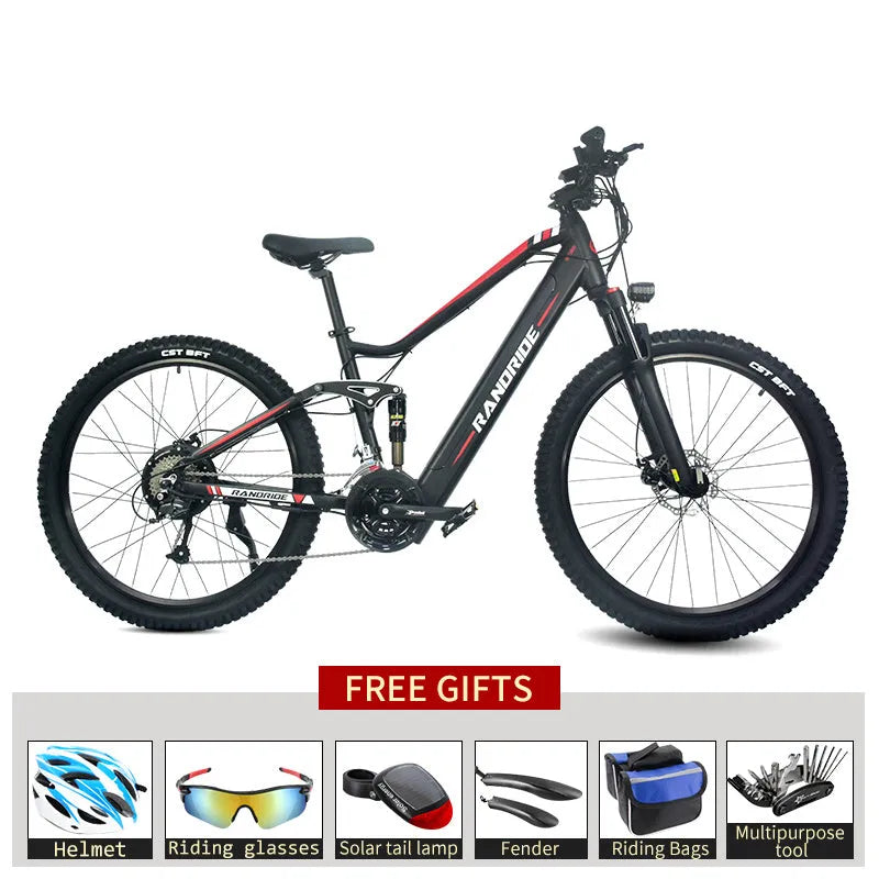 Electric mountain bike black red with 27.5 inch wheels full suspension aluminium alloy frame
