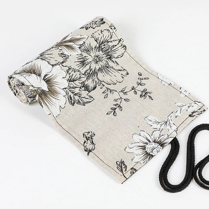 Black peony print canvas pencil roll bag with cotton hemp construction showing 24-hole or 72-hole organisation options