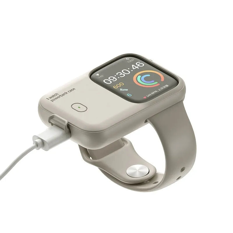 Apple Watch portable charging case with silicone sleeve, shown alongside compatible watch.