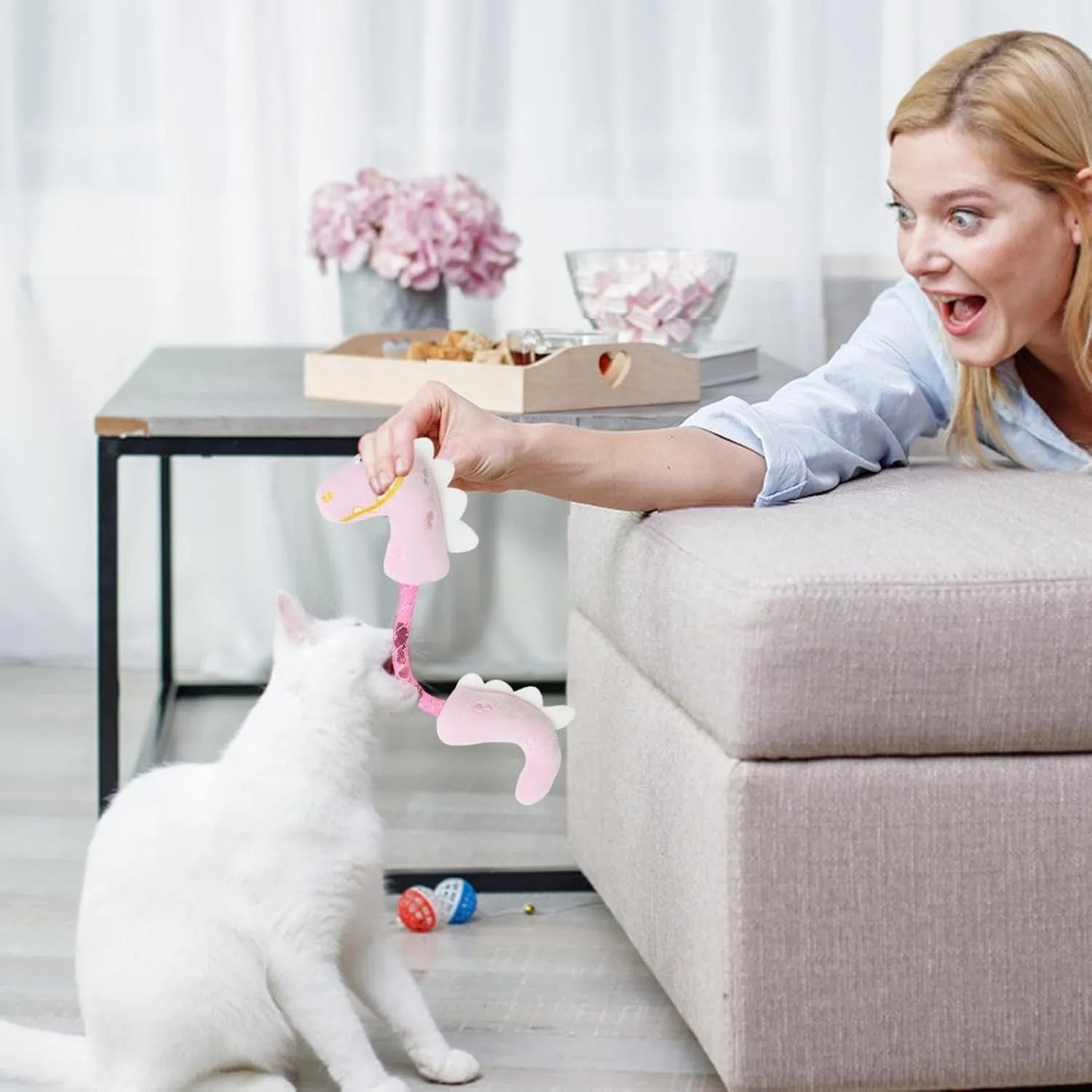 Four interactive cat toys including catnip rope, springs, plush mouse, fish, and bunny on white background