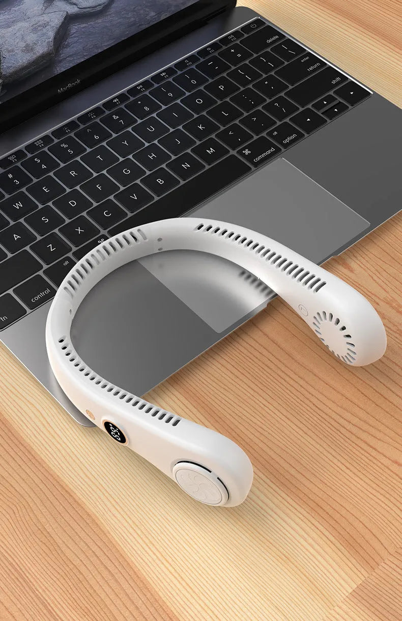 Pink USB rechargeable bladeless neck fan being worn, showing its adjustable speed controls and flexible neckband.