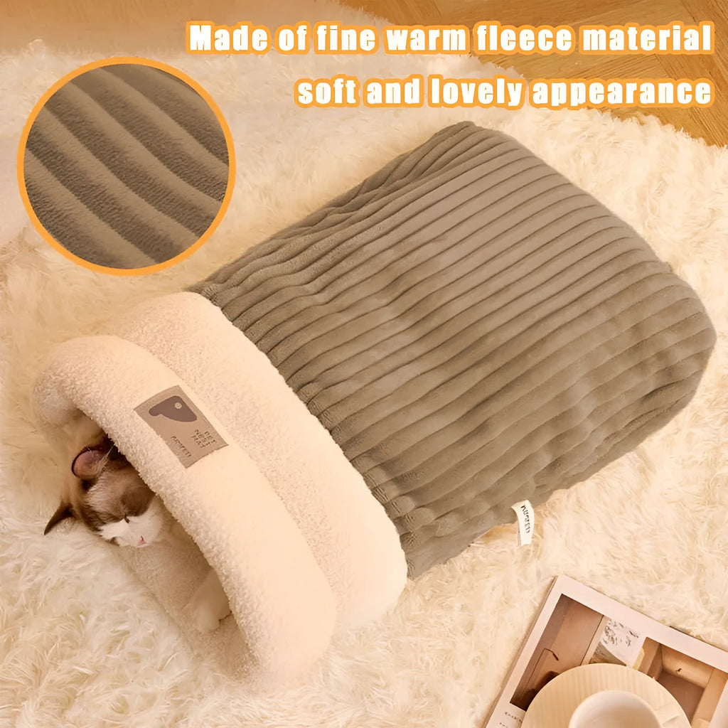 Brown semi-enclosed pet sleeping bag with plush lining for cats and dogs on wooden floor