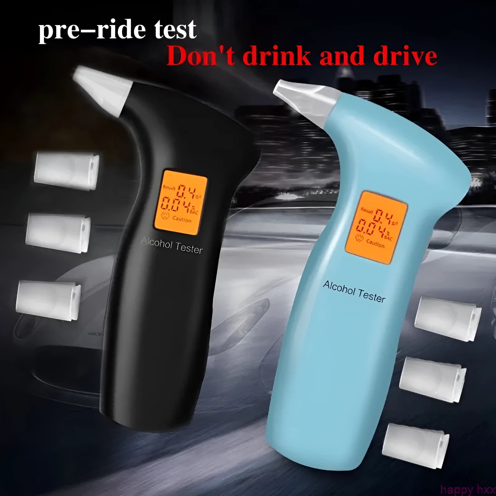 Portable orange light breath alcohol tester with replaceable mouthpieces.